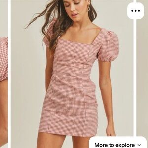 Lush Pink Size L Gingham Square-Neck Puff-Sleeve Mini Dress Cottagcore